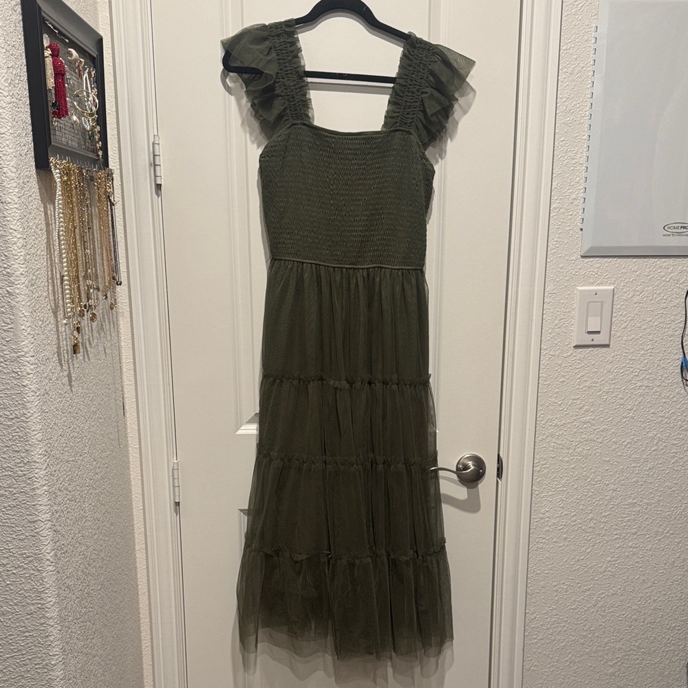 Smocked Olive Green Maxi Dress with Ruffle Straps